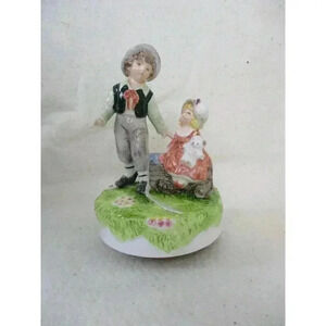 Schmid Y Yamada vintage music box revolving Girl with boy music box Hand painted